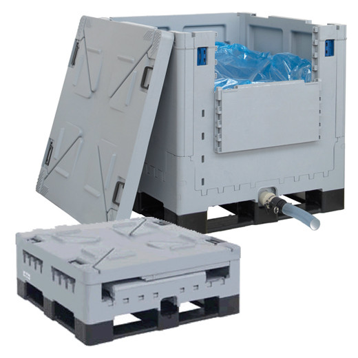 Combo Caisse palette plastique pour liquide 1000L 1 porte 3 semelles 1155x1155x1132 mm Gris Combo Caisse palette plastique pour liquide 1000L 1 porte 3 semelles 1155x1155x1132 mm Gris