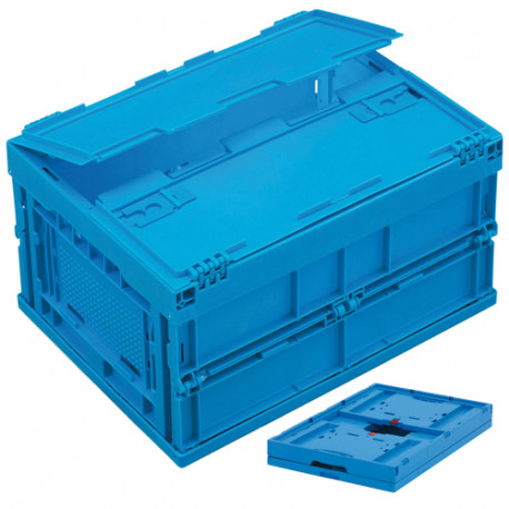 Bac plastique pliable plein bleu 400 x 300 x 230 mm avec couvercle intégré