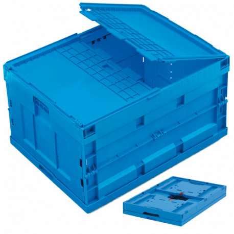 Bac plastique pliable plein bleu 800 x 600 x 455 mm avec couvercle intégré
